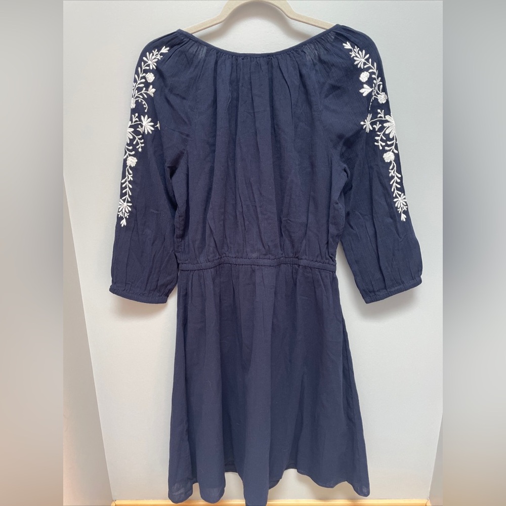 Talbots M Embroidered Gauze A-Line Dress 3/4 Sleeves Indigo/White Cotton Lined - Picture 4 of 8